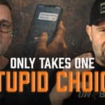 March or Die podcast thumbnail featuring Jeremy Stalnecker and Jim Ramos with text "Only Takes One Stupid Choice" and a smartphone showing a suggestive text message.