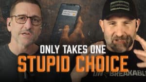 March or Die podcast thumbnail featuring Jeremy Stalnecker and Jim Ramos with text "Only Takes One Stupid Choice" and a smartphone showing a suggestive text message.