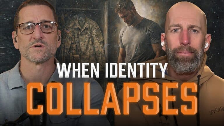March or Die podcast thumbnail "When Identity Collapses" featuring host Jeremy Stalnecker and guest Marcus McClain with military-themed imagery exploring veteran identity crisis.