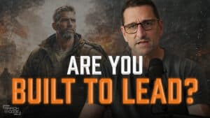 Jeremy Stalnecker of the March or Die podcast asking 'Are You Built to Lead?' with a cinematic military-style background and an American flag.