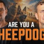 Podcast thumbnail featuring Jeremy Stalnecker and Lt. Col. Dave Grossman flanking a German Shepherd and military imagery. Bold orange text reads "ARE YOU A SHEEPDOG?" against a patriotic, painterly background with an American flag and soldiers.