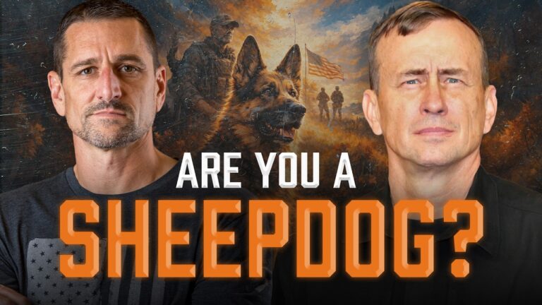 Podcast thumbnail featuring Jeremy Stalnecker and Lt. Col. Dave Grossman flanking a German Shepherd and military imagery. Bold orange text reads "ARE YOU A SHEEPDOG?" against a patriotic, painterly background with an American flag and soldiers.