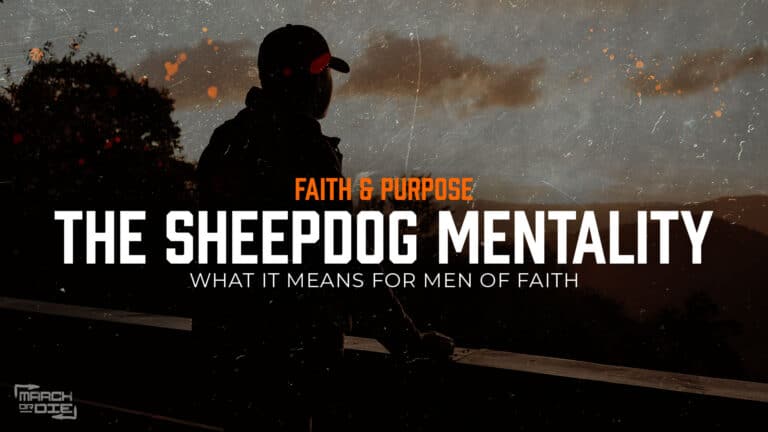 Silhouette of a man overlooking a valley at sunset with the text "Faith & Purpose: The Sheepdog Mentality - What it means for men of faith.