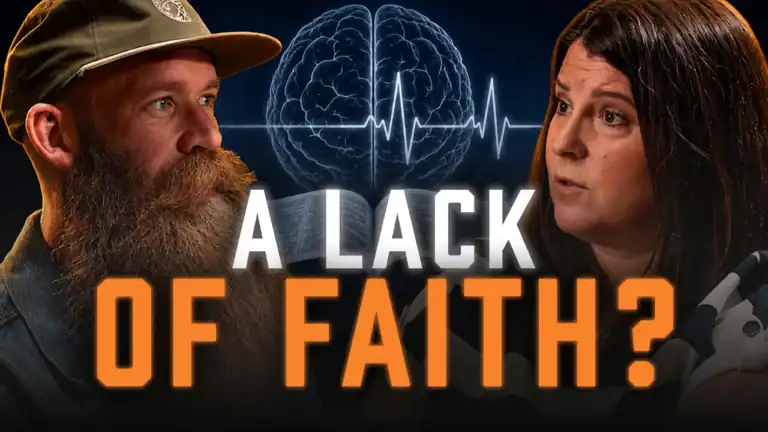 Sean Kennard and Rebecca Maxwell in a podcast discussion about mental health, brain science, and Christianity with text reading "A Lack Of Faith?"